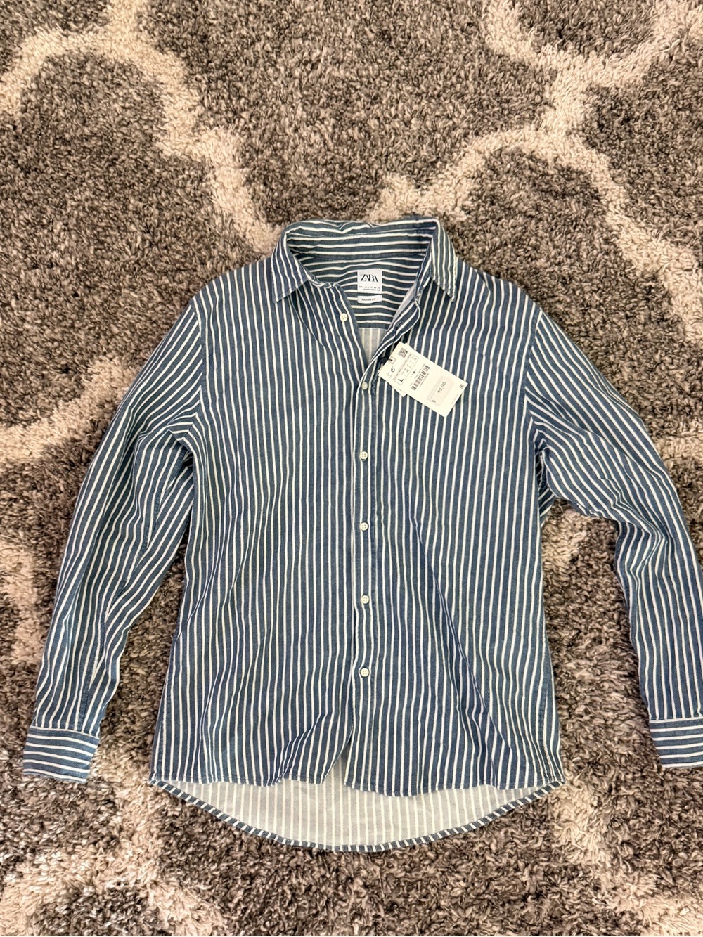 Zara Navy and White Vertical Stripe Relaxed Shirt
